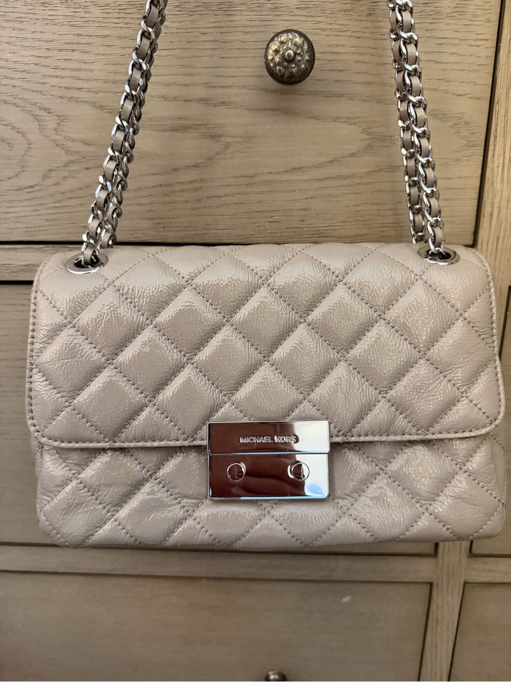 Michael Kors Sloan Quilted Shoulder Bag in Patent Cement Beige with Silver Hdwr